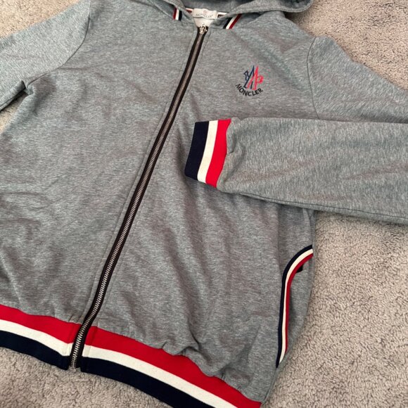 Moncler Mens Track Jacket Hooded Full Zip Sz 4XL Gray Tricolor Stripe Trim - Picture 3 of 11